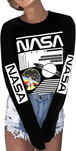 Ezcosplay Crew Neck Long Sleeve NASA T-Shirt Letter Printed Shirt Graphic Tee Tops for Women in Kuwait