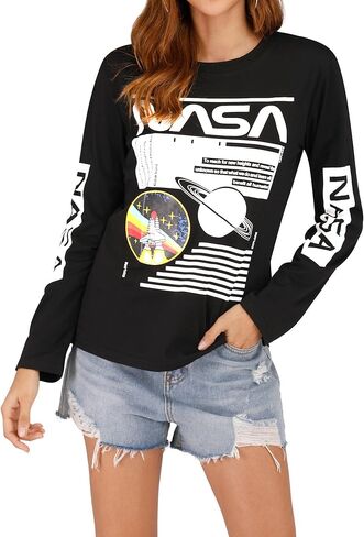 Ezcosplay Crew Neck Long Sleeve NASA T-Shirt Letter Printed Shirt Graphic Tee Tops for Women in Kuwait