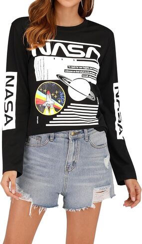 Ezcosplay Crew Neck Long Sleeve NASA T-Shirt Letter Printed Shirt Graphic Tee Tops for Women in Kuwait