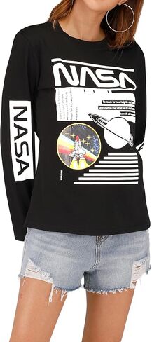 Ezcosplay Crew Neck Long Sleeve NASA T-Shirt Letter Printed Shirt Graphic Tee Tops for Women in Kuwait