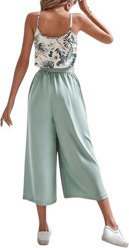 MakeMeChic Women's 2 Piece Outfits Floral Print Spaghetti Strap Cropped Camisole Summer Shirts and Belted Wide Leg Pants in Saudi Arabia