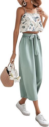 MakeMeChic Women's 2 Piece Outfits Floral Print Spaghetti Strap Cropped Camisole Summer Shirts and Belted Wide Leg Pants in Saudi Arabia