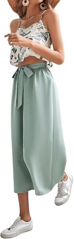 MakeMeChic Women's 2 Piece Outfits Floral Print Spaghetti Strap Cropped Camisole Summer Shirts and Belted Wide Leg Pants in Saudi Arabia