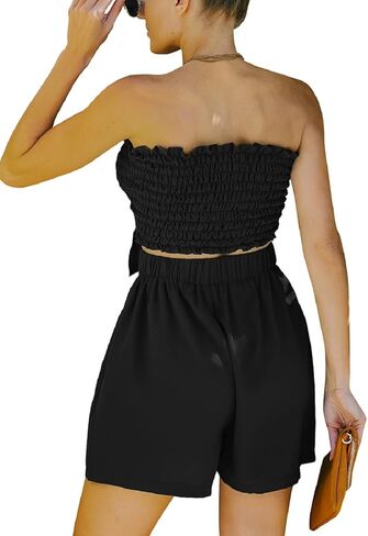 CHARTOU Women's Summer 2 Pieces Ruch Bandeau Crop Top Wide Leg Shorts Outfit Sets in Saudi Arabia
