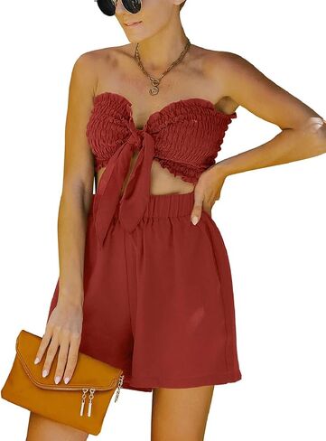 CHARTOU Women's Summer 2 Pieces Ruch Bandeau Crop Top Wide Leg Shorts Outfit Sets in Saudi Arabia