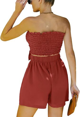CHARTOU Women's Summer 2 Pieces Ruch Bandeau Crop Top Wide Leg Shorts Outfit Sets in Saudi Arabia