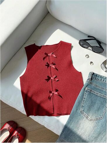 Milumia Women's Bow Front Sweater Vest Cut Out Knit Tank Top in Saudi Arabia