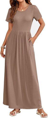 AUSELILY Womens Maxi Dress Casual Short Sleeve Summer Dresses Crewneck Sundresses with Pockets in Saudi Arabia