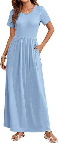 AUSELILY Womens Maxi Dress Casual Short Sleeve Summer Dresses Crewneck Sundresses with Pockets in Saudi Arabia
