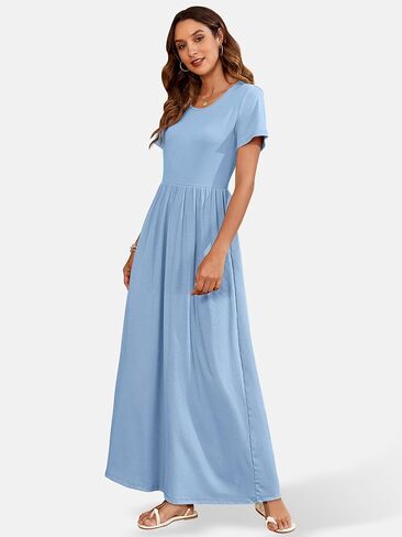AUSELILY Womens Maxi Dress Casual Short Sleeve Summer Dresses Crewneck Sundresses with Pockets in Saudi Arabia
