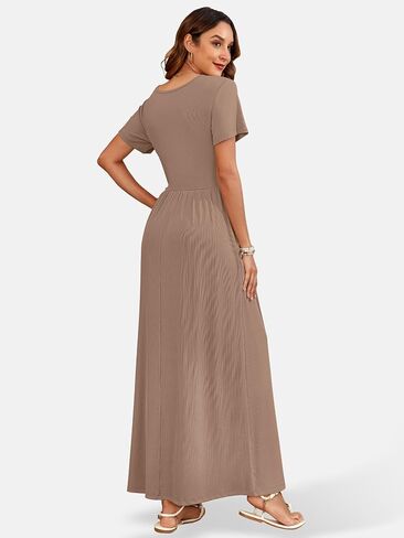 AUSELILY Womens Maxi Dress Casual Short Sleeve Summer Dresses Crewneck Sundresses with Pockets in Saudi Arabia