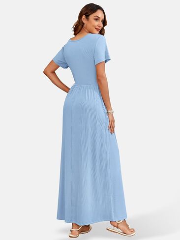 AUSELILY Womens Maxi Dress Casual Short Sleeve Summer Dresses Crewneck Sundresses with Pockets in Saudi Arabia