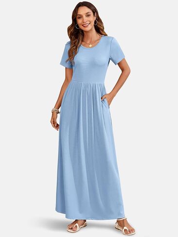AUSELILY Womens Maxi Dress Casual Short Sleeve Summer Dresses Crewneck Sundresses with Pockets in Saudi Arabia