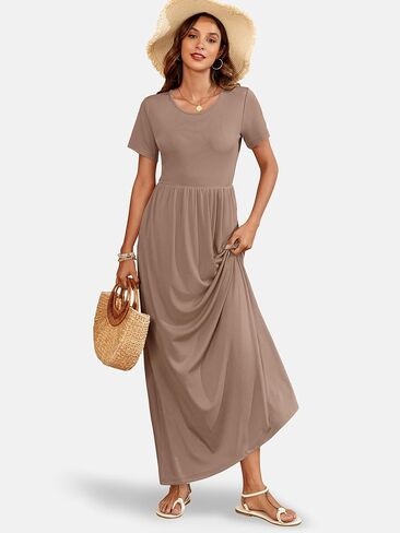AUSELILY Womens Maxi Dress Casual Short Sleeve Summer Dresses Crewneck Sundresses with Pockets in Saudi Arabia