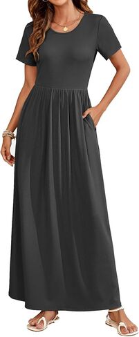 AUSELILY Womens Maxi Dress Casual Short Sleeve Summer Dresses Crewneck Sundresses with Pockets in Saudi Arabia