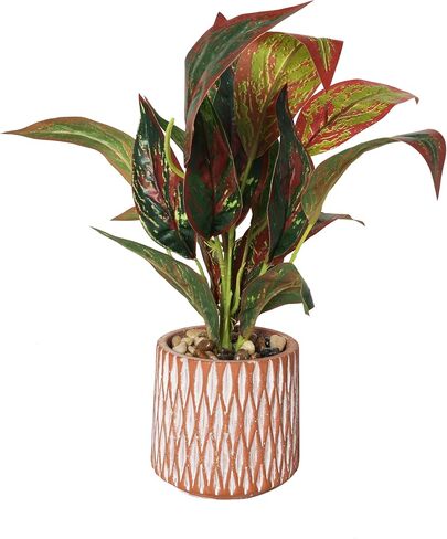 Deco 79 Faux Foliage Croton Artificial Plant with Geometric Patterned Pot and Decorative Pebbles, 10" x 13" x 14", Green in Saudi Arabia
