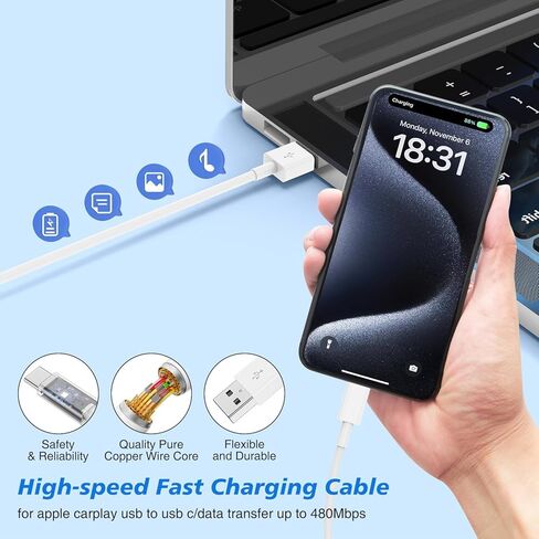 كابل Carplay بطول 3 أقدام و6 أقدام لهاتف iPhone 15 Pro Max/15 Plus/15 Pro/15، سلك شاحن USB A إلى USB C طويل، iPad Pro 12.9/11، 10th Gen Air 5th/ 4th Gen، iPad Mini 6th Gen Type C Car كابل الشحن in Kuwait