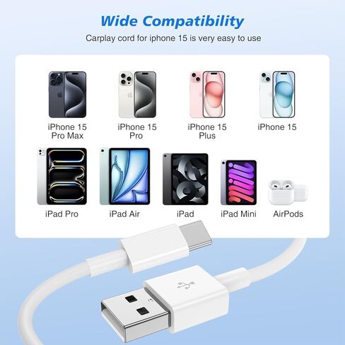 كابل Carplay بطول 3 أقدام و6 أقدام لهاتف iPhone 15 Pro Max/15 Plus/15 Pro/15، سلك شاحن USB A إلى USB C طويل، iPad Pro 12.9/11، 10th Gen Air 5th/ 4th Gen، iPad Mini 6th Gen Type C Car كابل الشحن in Kuwait