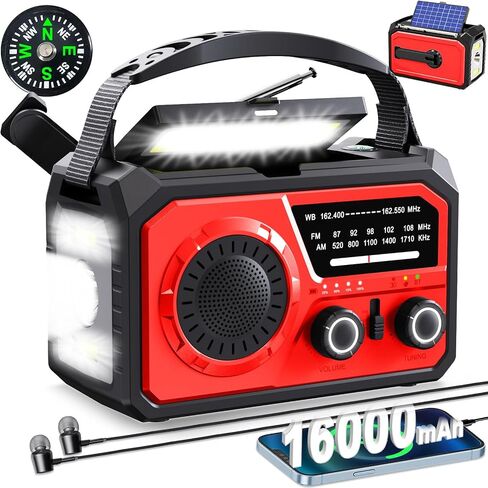 16000mAh Hand Crank Emergency Weather Radio with Wireless Speaker, 59200mWh NOAA AM FM Solar Radio with Flashlight Cell Phone Charger Reading Lamp Compass SOS for Camping and Survival (Arm Green) in Saudi Arabia