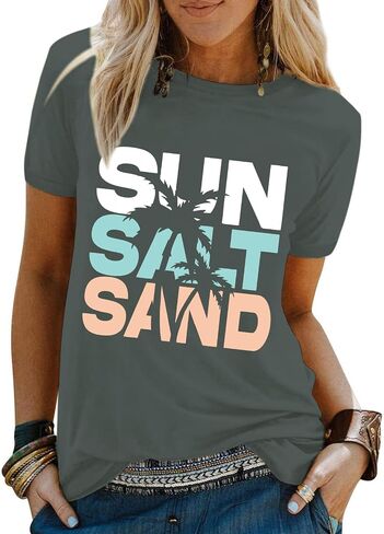 Beach Sun Salt Sand Tshirt for Women Coconut Tree Letter Graphic Tees Summer Vacation Shirts Loose Fit Casual Tops in Saudi Arabia