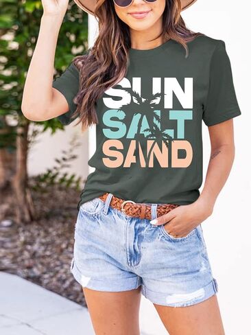 Beach Sun Salt Sand Tshirt for Women Coconut Tree Letter Graphic Tees Summer Vacation Shirts Loose Fit Casual Tops in Saudi Arabia
