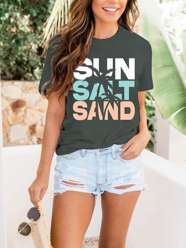 Beach Sun Salt Sand Tshirt for Women Coconut Tree Letter Graphic Tees Summer Vacation Shirts Loose Fit Casual Tops in Saudi Arabia