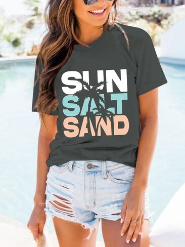 Beach Sun Salt Sand Tshirt for Women Coconut Tree Letter Graphic Tees Summer Vacation Shirts Loose Fit Casual Tops in Saudi Arabia
