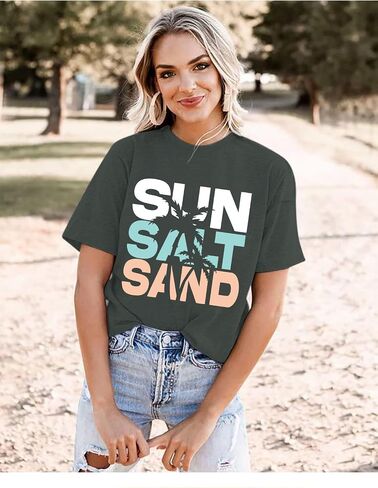 Beach Sun Salt Sand Tshirt for Women Coconut Tree Letter Graphic Tees Summer Vacation Shirts Loose Fit Casual Tops in Saudi Arabia
