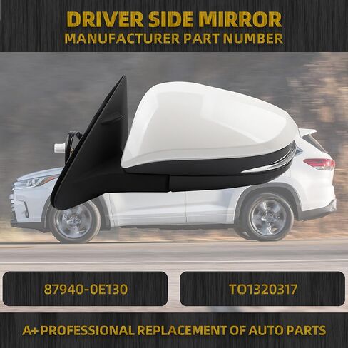 Dasbecan Left Driver Side Mirror Black Compatible with 2014-2019 Toyota Highlander Heated | Power Adjustable Glass | Manual Fold | Turn Signal Light | Painted 6 Pins Replaces 87940-0E130 TO1320317 in Kuwait