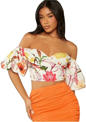 SOLY HUX Women's Floral Print Blouse Off Shoulder Bishop Half Sleeve Wrap Crop Tops in Saudi Arabia