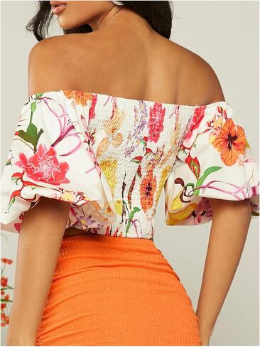 SOLY HUX Women's Floral Print Blouse Off Shoulder Bishop Half Sleeve Wrap Crop Tops in Saudi Arabia
