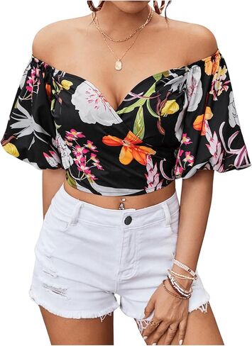 SOLY HUX Women's Floral Print Blouse Off Shoulder Bishop Half Sleeve Wrap Crop Tops in Saudi Arabia