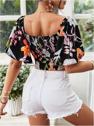 SOLY HUX Women's Floral Print Blouse Off Shoulder Bishop Half Sleeve Wrap Crop Tops in Saudi Arabia