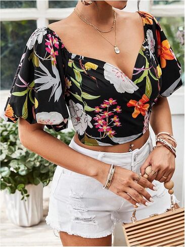 SOLY HUX Women's Floral Print Blouse Off Shoulder Bishop Half Sleeve Wrap Crop Tops in Saudi Arabia