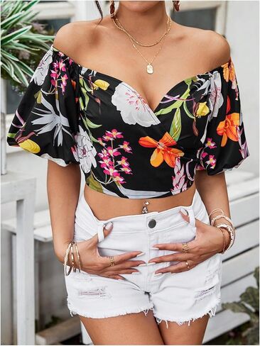 SOLY HUX Women's Floral Print Blouse Off Shoulder Bishop Half Sleeve Wrap Crop Tops in Saudi Arabia
