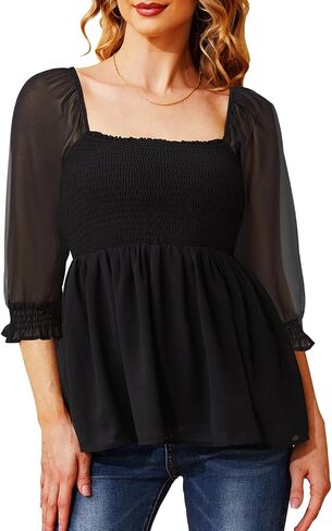 Holipick Chiffon Smocked Top for Women Babydoll Shirt 3/4 Puff Sleeve Blouses Peplum Casual Flare Top Summer Spring in Kuwait