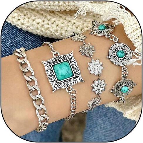 GIGB PBDK Boho Layered Turquoise Bracelet for Women Vintage Flower Leaf Butterfly Stackable Bracelets Western Silver Chain Statement Bracelets Trendy Jewelry Gift in Kuwait