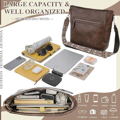 VX VONXURY Crossbody Bag for Women, Trendy Vegan Leather Shoulder Bag, Designer Bucket Bag with 2PCS Adjustable Straps in Kuwait