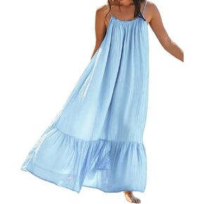 R.Vivimos Women's Summer Cotton Maxi Dress Adjustable Spaghetti Strap Boho Casual Backless Ruffle Loose Fit Flowy Dress