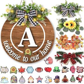 Interchangeable Welcome Home Sign Initial Letters 4 Seasonal Wreaths for Front Door, Initial Interchangeable Seasonal Welcome Sign for Front Door 21 Changeable Icons for Christmas Door Décor(T)