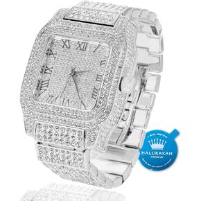 Halukakah Premium Moissanite Gold Watch for Men - Platinum White Gold Plated, Basic Waterproof, Roman Numerals Square Dial, 200G Heavy-Made, 3-Sides Iced Out, 9.5" Wristband - Giftbox Included