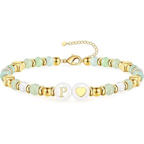Initial Bracelet for Women, Gold Beaded Bracelets with Initial Womens Gifts for Christmas Trendy Stuff Stocking Stuffers for Teens Gemstone Initial Bracelet Christmas Gifts for Her Adjustable Link Letter A-Z Anniversary Jewelry