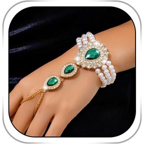 Green Rhinestone Ring Bracelet Pearl Crystal Finger Bracelets Vintage Hand Chain Slave Jewelry for Women Gift
