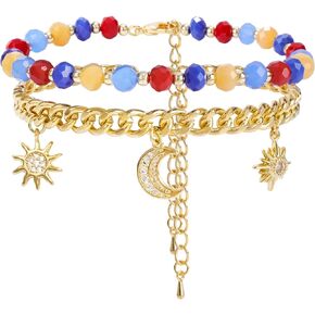 Layered Gold Sun Moon Star Charm Link Bracelets for Women with Colorful Beads Chain 14K Gold Plated Pendant Bracelets with Faceted Glass Beads Adjustable Bracelets Set Trendy Jewelry Gift for Women