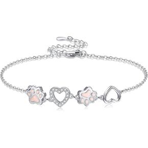 Paw Print Bracelets 925 Sterling Silver Cute Pink Heart Cat Dog Bracelet Pet Paw Print Jewelry Birthday Gifts for Women Dog Cat Pet Lover