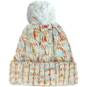 Womens Winter Beanie Hat Pompom, Knit Warm Skull Caps with Faux Fur Pom Pom for Women Cold Weather U-SY-P1H