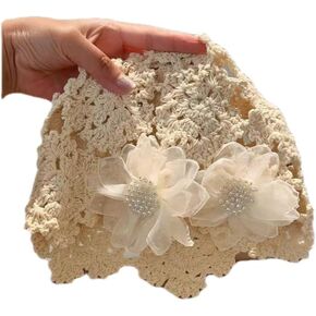 Handmade Crochet Beanie Hat with Chiffon Flower Accent Hats for Women New Year's Gift Lightweight Knitted