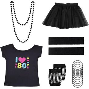 80s Costume Accessories Set, 1980s Party Outfits Party T-shirt Tutu Skirt 80s Accessories Kit for Kid Girls Women