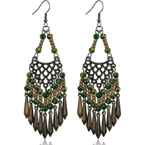 Handmade Vintage Bronze Bohemian Long Tassel Colorful Bead Dangle Drop Earrings Big Tribal Chandelier Geometry Hook Earrings for Women Statement Jewelry Gifts