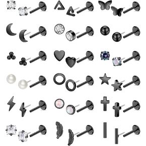 20G 18Pairs Surgical Steel Threadless Stud Earrings for Women Men Hypoallergenic CZ Flatback Earrings Star Moon Cartilage Helix Tragus Lobe Stud Earring Set for Multiple Piercing